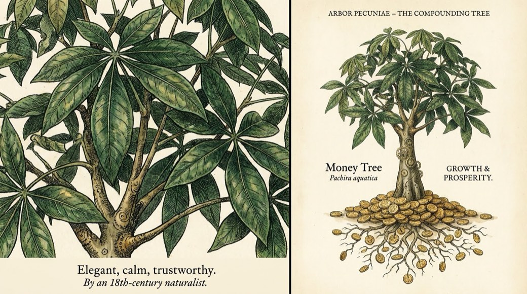 Ilustrasi botani pohon uang yang tumbuh dari akar
